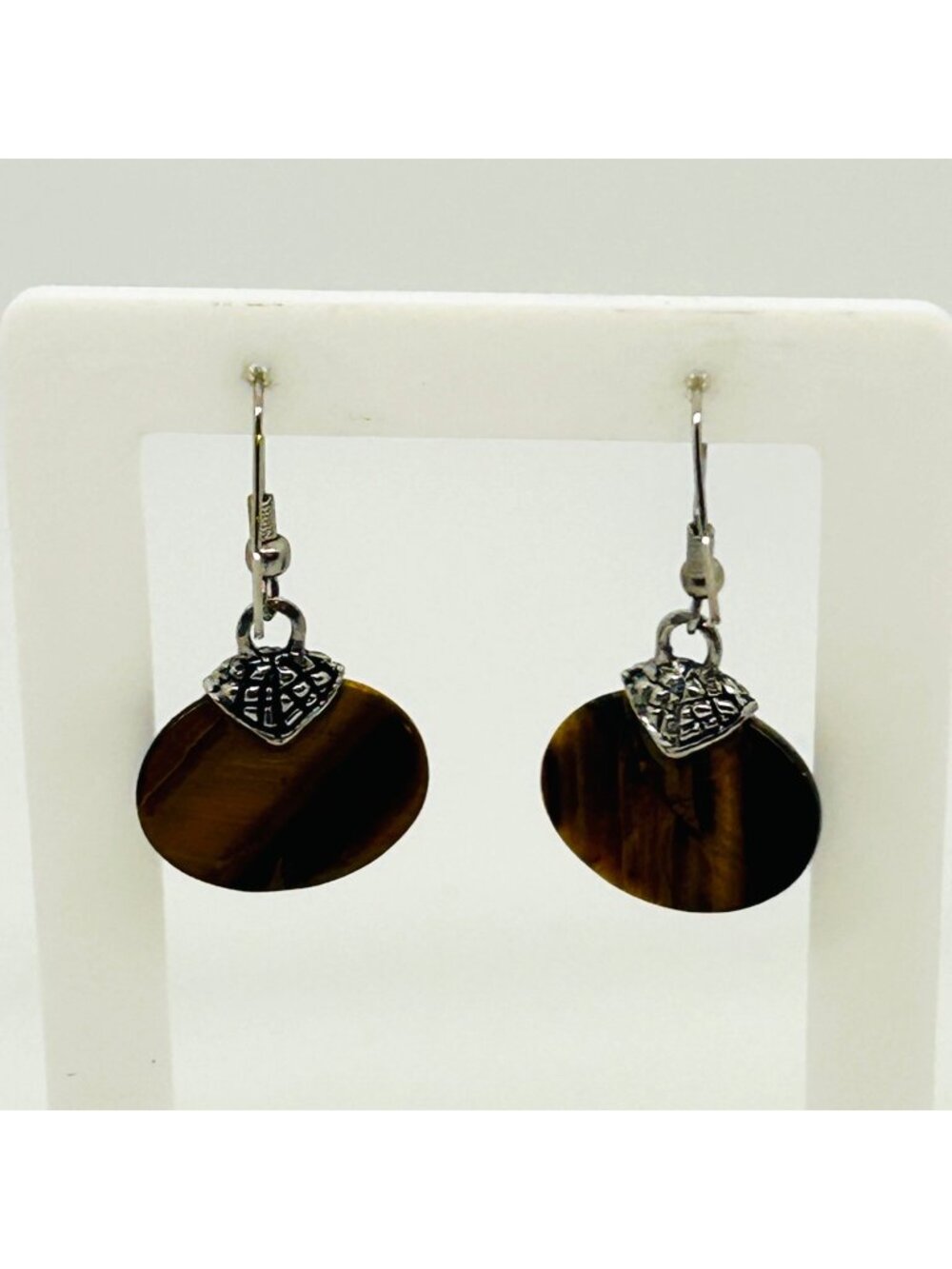 Tiger's Eye Dangle Drop Earrings Oval Gemstone Silver Tone Accents Modernist
